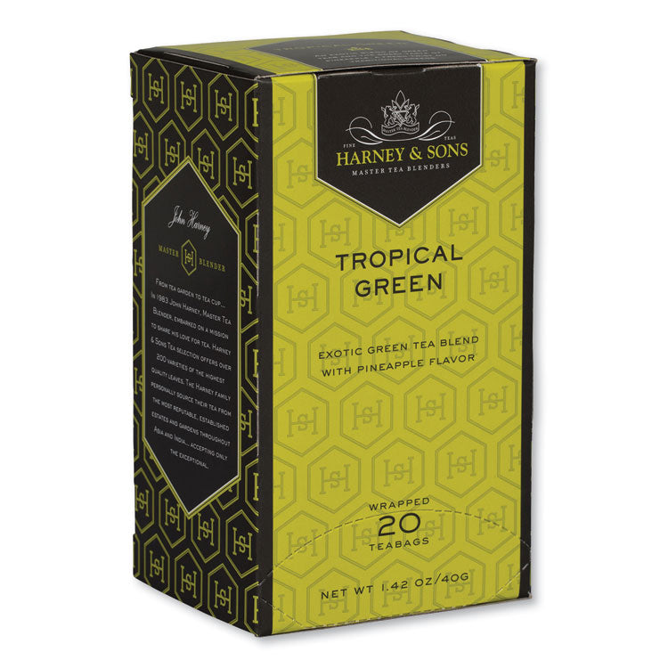 Harney & Sons Premium Tea, Tropical Green Tea, Individually Wrapped Tea Bags, 20/Box (HEYHSF30640) Box of 20