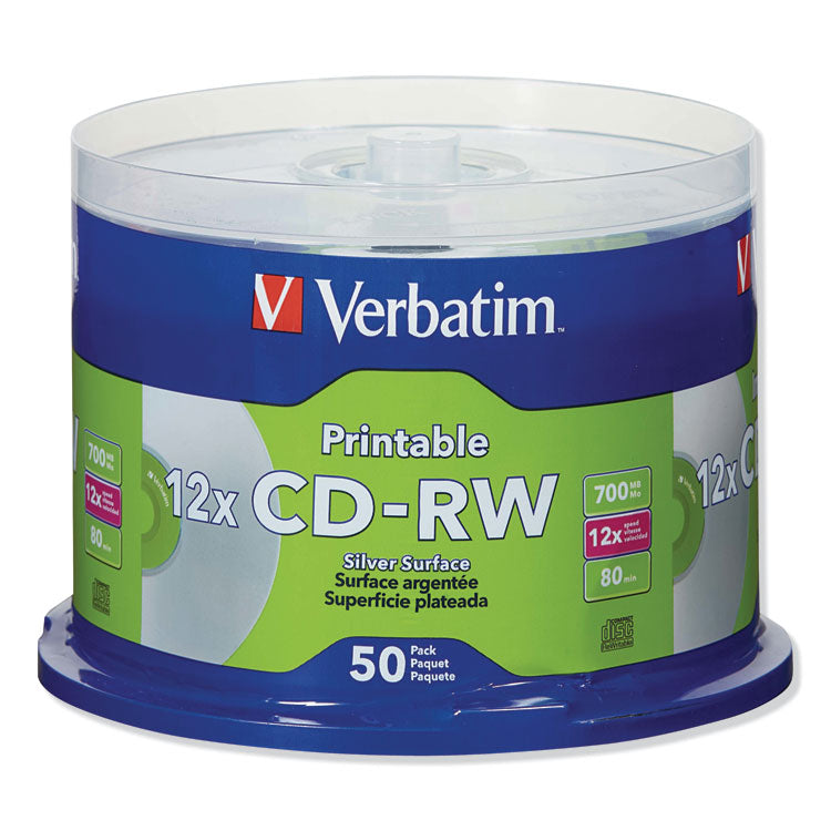 Verbatim® CD-RW DataLifePlus Printable Rewritable Disc, 700 MB/80 min, 12x, Spindle, Silver, 50/Pack (VER95159)