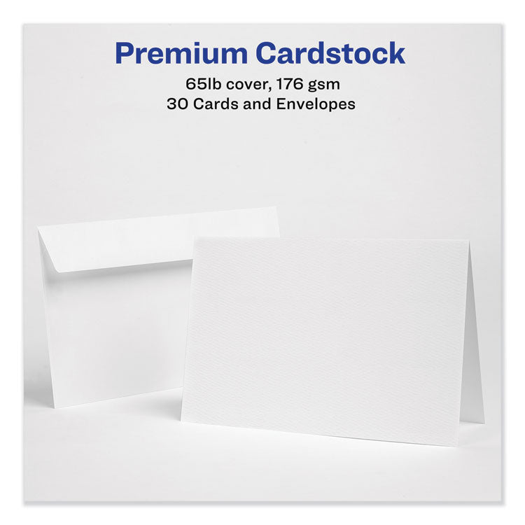 Avery® Half-Fold Greeting Cards with Envelopes, Inkjet, 65 lb, 5.5 x 8.5, Textured Uncoated White, 1 Card/Sheet, 30 Sheets/Box (AVE3378)