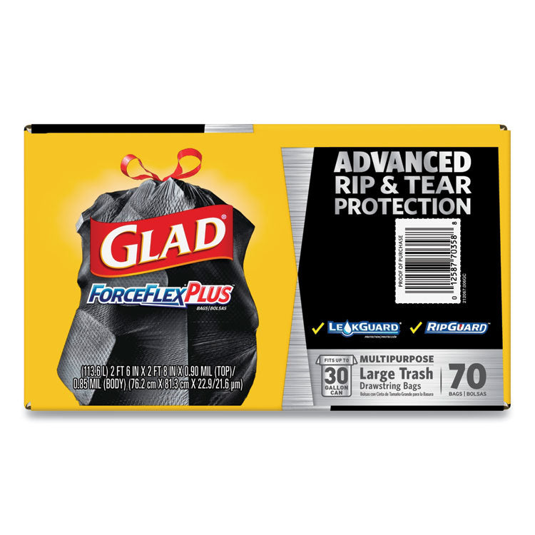 Glad® ForceFlexPlus Drawstring Large Trash Bags, 30 gal, 1.05 mil, 30" x 32", Black, 70/Box (CLO70358)