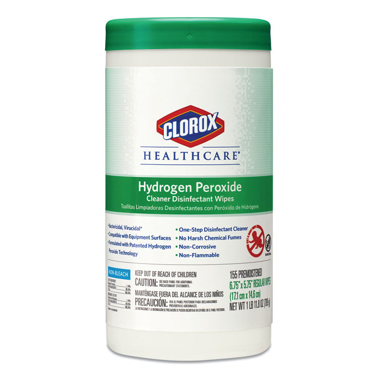 Clorox Healthcare® Hydrogen Peroxide Cleaner Disinfectant Wipes, 5.75 x 6.75, Unscented, White, 155/Canister, 6 Canisters/Carton (CLO30825)