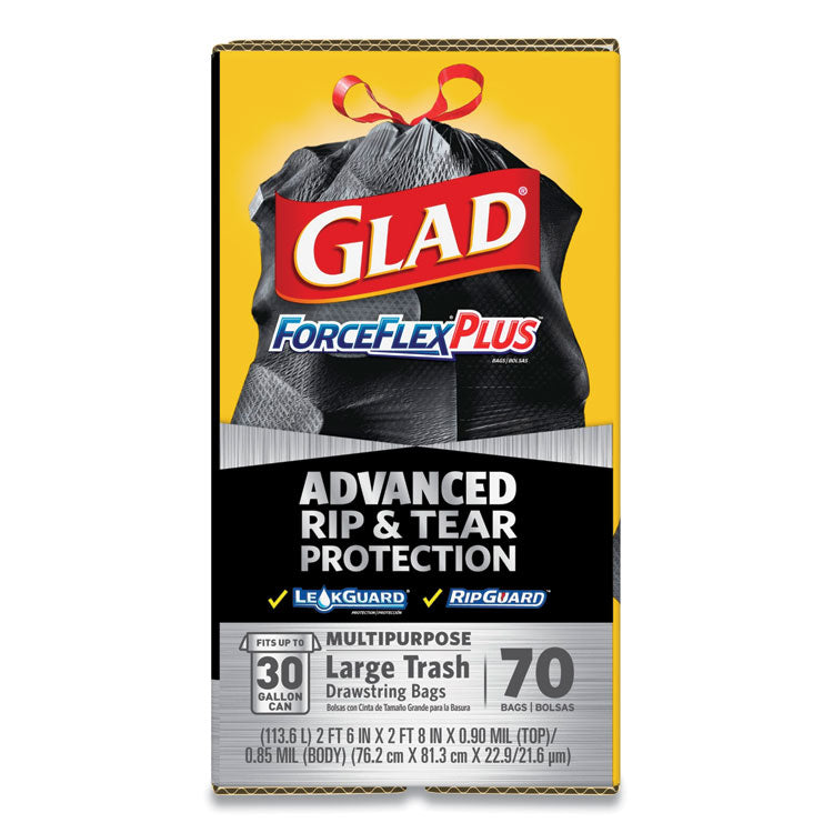 Glad® ForceFlexPlus Drawstring Large Trash Bags, 30 gal, 1.05 mil, 30" x 32", Black, 70/Box (CLO70358)