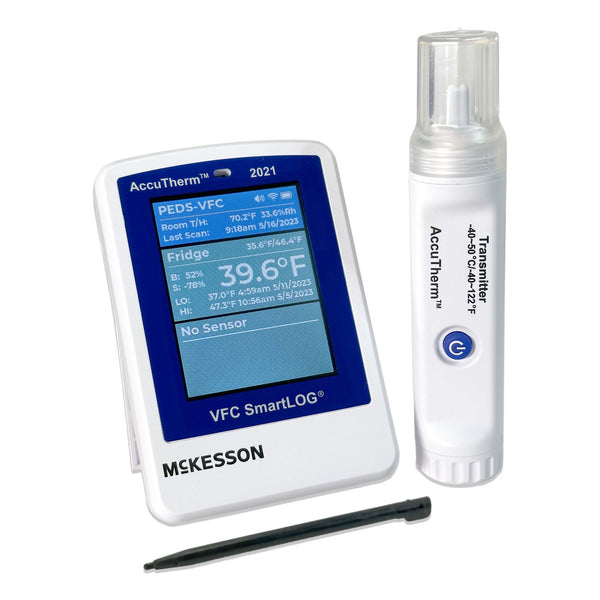 McKesson Datalogging Refrigerator / Freezer Thermometer with Alarm Fahrenheit / Celsius Ambient -40 to +125°C (-40°F to 257°F) / Sensor -40° to 50°C (-40°F to 122°F) Glycol Probe AC Adaptor / Battery Backup (1207262_EA) 1/EA