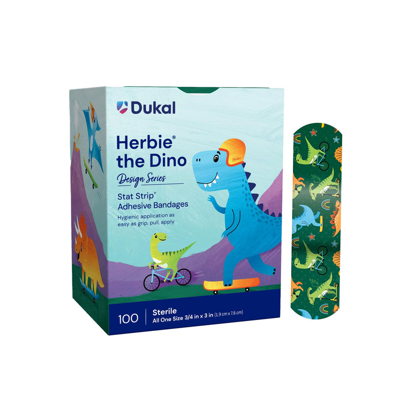 Designer Series with Stat Strip® Technology Adhesive Strip 3/4 X 3 Inch Plastic Rectangle Kid Design (Herbie the Dinosaur) Sterile (296236_BX) 100/BX