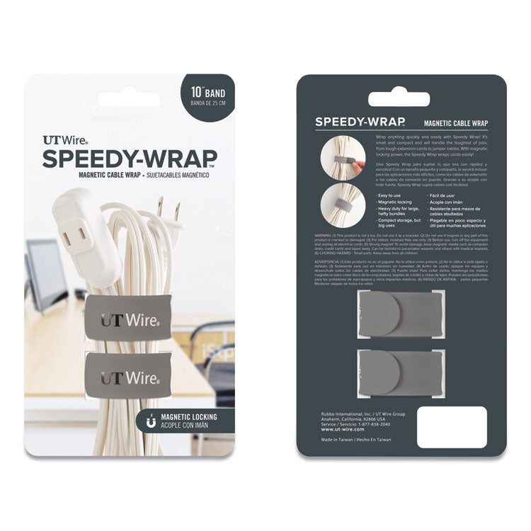 UT Wire® Speedy-Wrap Magnetic Cable Wrap, 0.82" x 10", Gray, 2/Pack (RBOUTWSWM2GY) Pack of 2