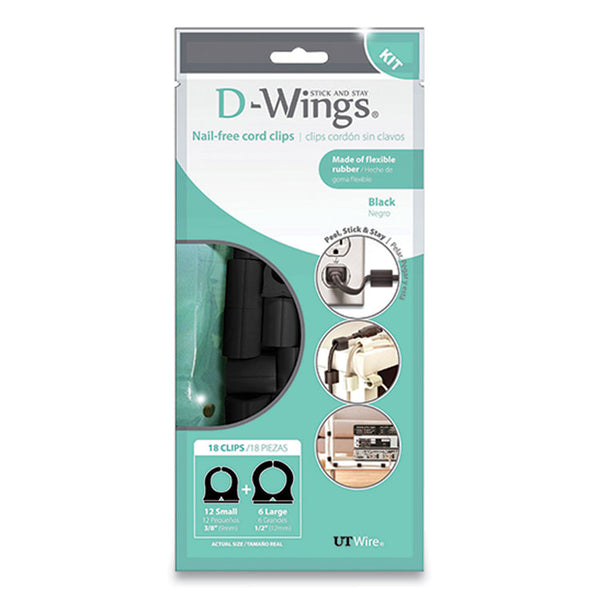 UT Wire® D-Wings Nail-Free Cord Clips, 12 Small 0.38", Six Large 0.5", Black, 18/Pack (RBOUTWD18BK)