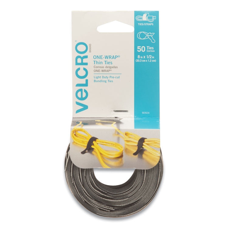 VELCRO® Brand ONE-WRAP Pre-Cut Thin Ties, 0.5" x 8", Black/Gray, 50/Pack (VEK90924) Each