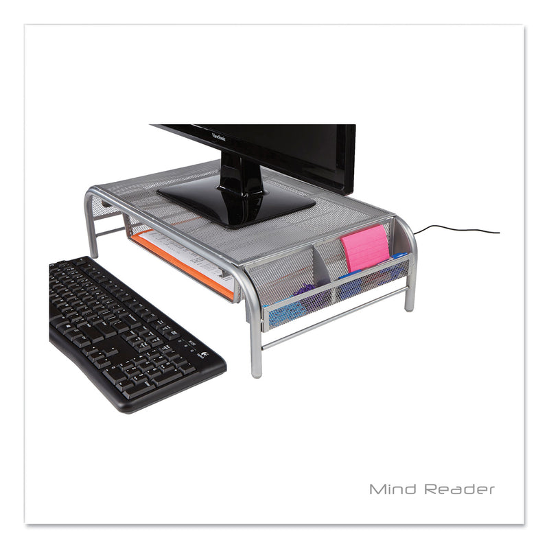 Mind Reader Raise Metal Mesh Monitor Stand with Drawer, 20" x 12" x 5.75", Silver, Supports 25 lbs (EMSMMSIL) Each