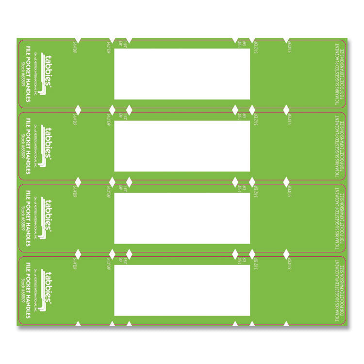 Tabbies® File Pocket Handles, 9.63 x 2, Green/White,  4/Sheet, 12 Sheets/Pack (TAB68809) Pack of 48