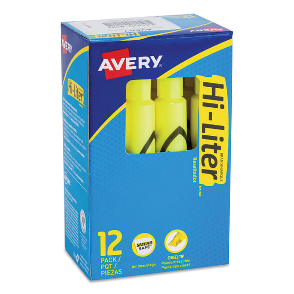 Avery® HI-LITER Desk-Style Highlighters, Fluorescent Yellow Ink, Chisel Tip, Yellow/Black Barrel, Dozen (AVE24000)