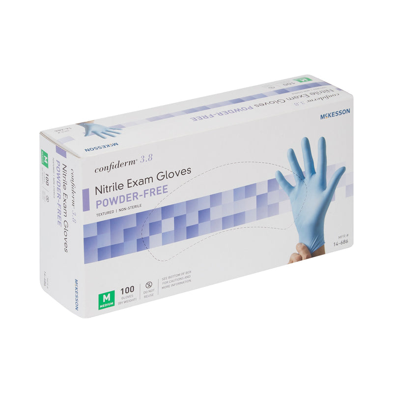 McKesson Confiderm® 3.8 Exam Glove Medium NonSterile Nitrile Standard Cuff Length Textured Fingertips Blue Not Rated (921611_CS) 1000/CS