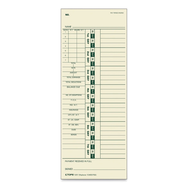 TOPS™ Time Clock Cards, Replacement for 10-800762, Two Sides, 3.5 x 9, 500/Box (TOP1257) Pack of 500