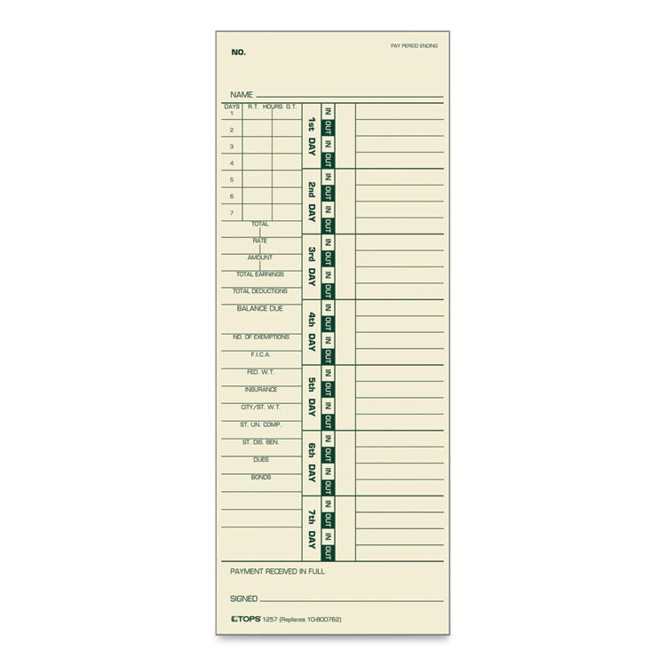 TOPS™ Time Clock Cards, Replacement for 10-800762, Two Sides, 3.5 x 9, 500/Box (TOP1257) Pack of 500