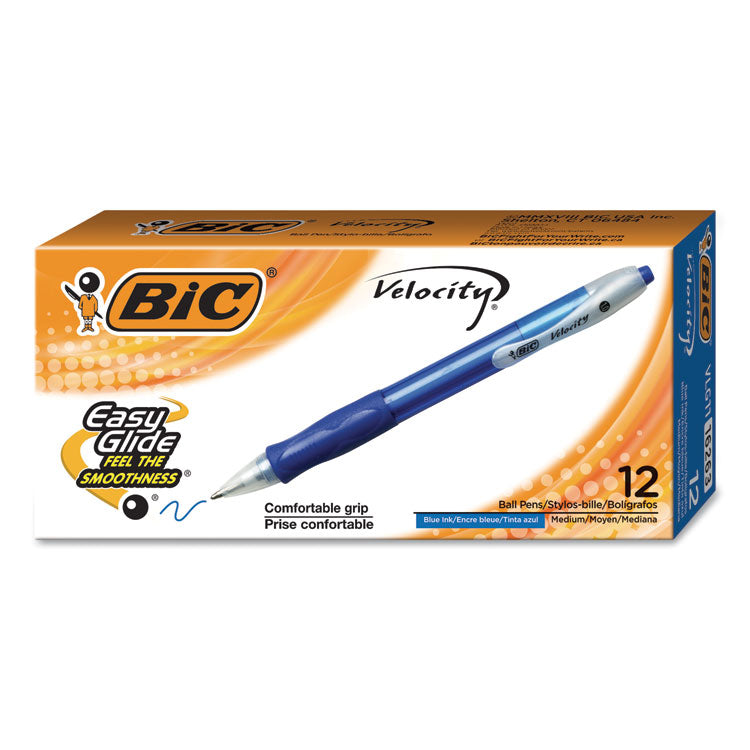 BIC® Velocity Easy Glide Ballpoint Pen, Retractable, Medium 1 mm, Blue Ink, Translucent Blue Barrel, Dozen (BICVLG11BE)