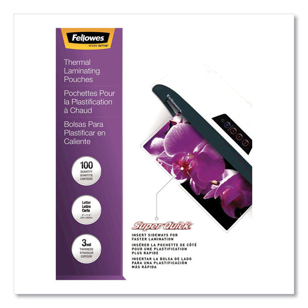 Fellowes® SuperQuick Thermal Laminating Pouches, 3 mil, 9" x 11.5", Gloss Clear, 100/Pack (FEL5245801)