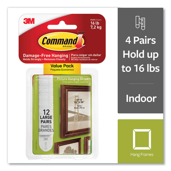 Command™ Picture Hanging Strips, Large, Removable, Holds Up to 4 lbs per Pair, 0.75 x 3.65, White, 12 Pairs/Pack (MMM1720612ES)