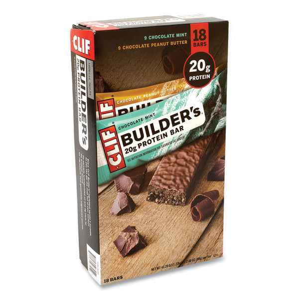 CLIF® Bar Builders Protein Bar, Chocolate Mint/Chocolate Peanut Butter, 2.4 oz Bar, 18 Bars/Box, Ships in 1-3 Business Days (GRR22000543)