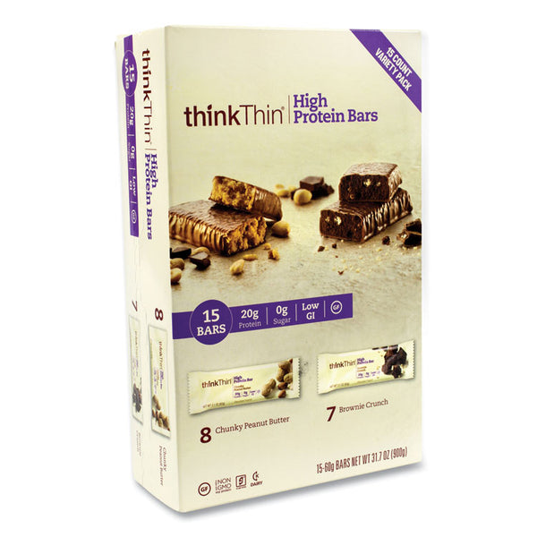 thinkThin® High Protein Bars, Brownie Crunch/Chunky Peanut Butter, 2.1 oz Bar, 15 Bars/Carton, Ships in 1-3 Business Days (GRR22000555)