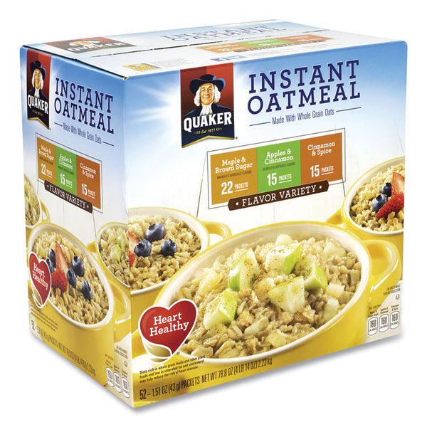 Quaker® Instant Oatmeal, Assorted Varieties, 1.51 oz Envelope, 52/Carton, Ships in 1-3 Business Days (GRR22000482)