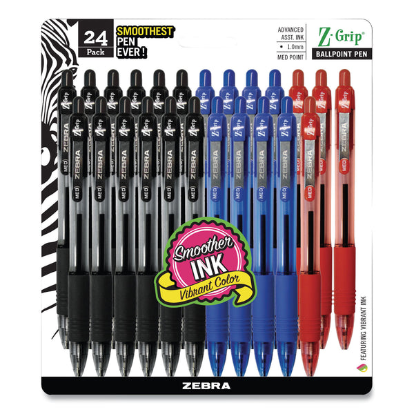 Zebra Z-Grip Ballpoint Pen, Retractable, Medium 1 mm, Assorted Ink and Barrel Colors, 24/Pack (ZEB12224) Pack of 24
