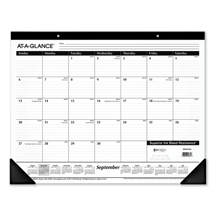 AT-A-GLANCE® Academic Year Ruled Desk Pad, 21.75 x 17, White Sheets, Black Binding, Black Corners, 16-Month (Sept to Dec): 2024 to 2025 (AAGSK241600)