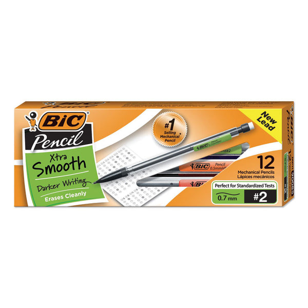 BIC® Xtra Smooth Mechanical Pencils with Tube of Lead, 0.7 mm, HB (#2), Black Lead, Clear Barrel, Dozen (BICMP11)