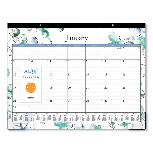 Lindley Desk Pad, Floral Artwork, 22 x 17, White/Blue/Green Sheets, Black Binding, Clear Corners, 12-Month (Jan to Dec): 2025 (BLS100018) Each