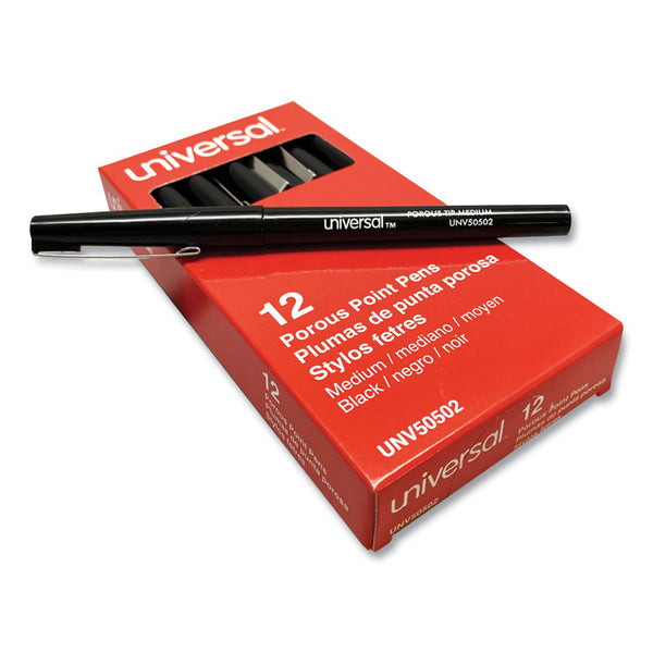 Universal™ Porous Point Pen, Stick, Medium 0.7 mm, Black Ink, Black Barrel, Dozen (UNV50502)