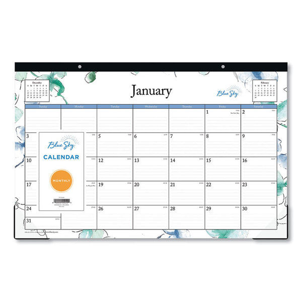 Lindley Desk Pad, Floral Artwork, 17 x 11, White/Blue/Green Sheets, Black Binding, Clear Corners, 12-Month (Jan to Dec): 2025 (BLS100024)