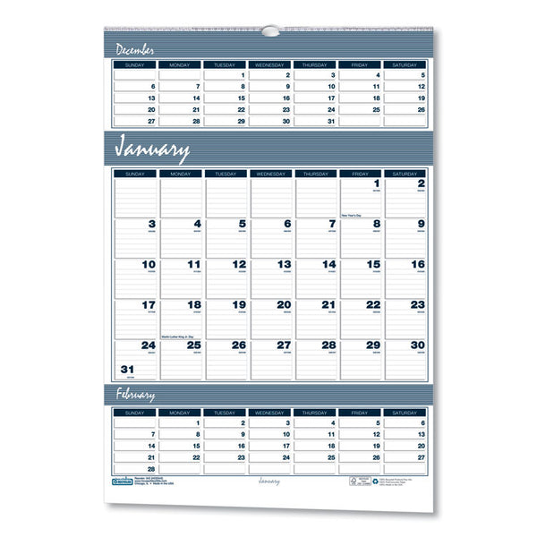 House of Doolittle™ Bar Harbor Recycled Wirebound 3-Months-per-Page Wall Calendar, 15.5 x 22, White/Blue/Gray Sheets, 14-Month(Dec-Jan):2023-2025 (HOD343)