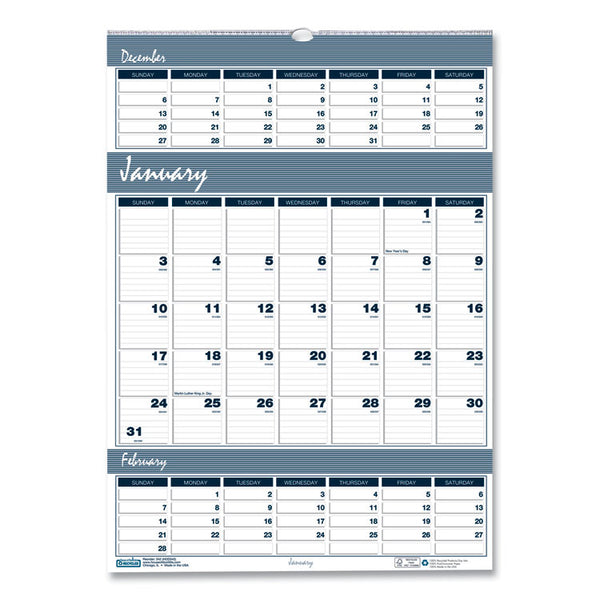 House of Doolittle™ Bar Harbor Recycled Wirebound 3-Months-per-Page Wall Calendar, 12 x 17, White/Blue/Gray Sheets, 14-Month (Dec-Jan): 2023-2025 (HOD342)