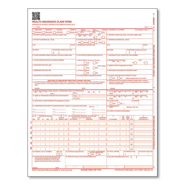 ComplyRight® CMS-1500 Health Insurance Claim Form, One-Part (No Copies), 8.5 x 11, 250 Forms Total (TFPCMS12LC250)