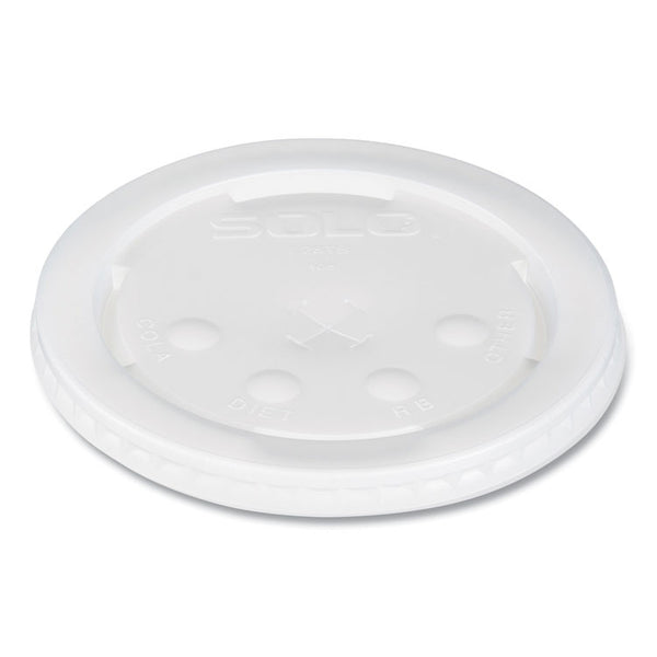 SOLO® Polystyrene Plastic Flat Straw-Slot Cold Cup Lids, Fits 28 oz Cups, Translucent, 960/Carton (SCCL28BNR)