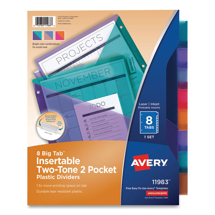 Avery® Big Tab Insertable Two-Pocket Plastic Dividers, 8-Tab, 11.13 x 9.25, Assorted, 1 Set (AVE11983)