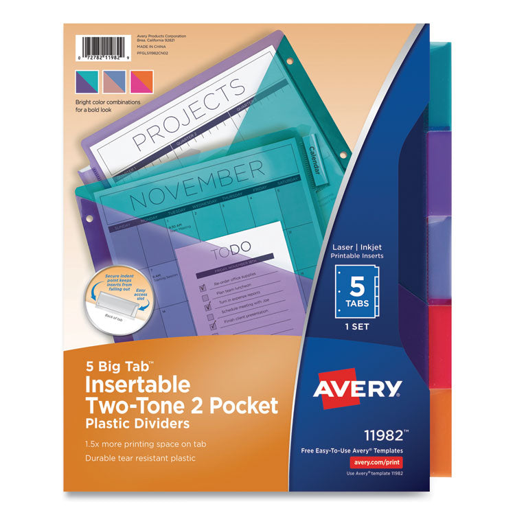 Avery® Big Tab Insertable Two-Pocket Plastic Dividers, 5-Tab, 11.13 x 9.25, Assorted, 1 Set (AVE11982)