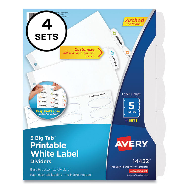 Avery® Big Tab Printable White Label Tab Dividers, 5-Tab, 11 x 8.5, White, 4 Sets (AVE14432)