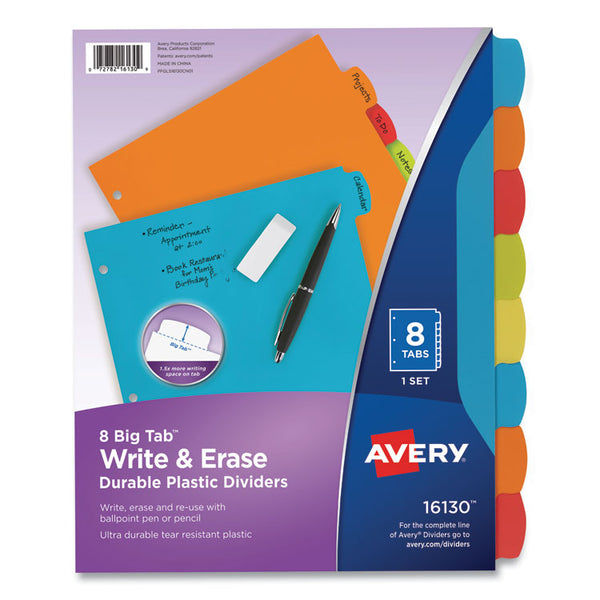 Avery® Big Tab Write and Erase Durable Plastic Dividers, 8-Tab, 11 x 8.5, Assorted, 1 Set (AVE16130)