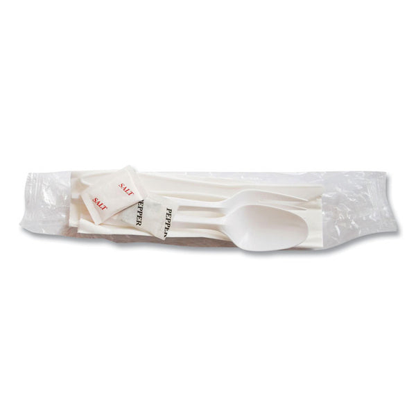 Berkley Square Mediumweight Cutlery Kit, Plastic Fork/Spoon/Knife/Salt/Pep/Napkin, White, 250/Carton (BSQ1171241)