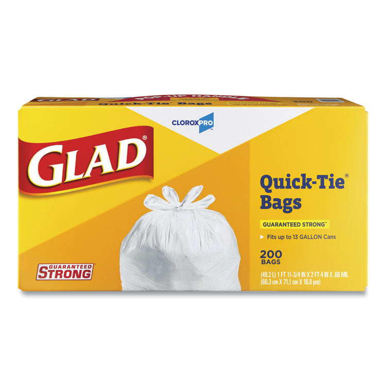 Glad® Tall Kitchen Quick-Tie Bags, 13 gal, 0.66 mil, 23.75" x 28", White, 200/Box (CLO15931) Box of 200