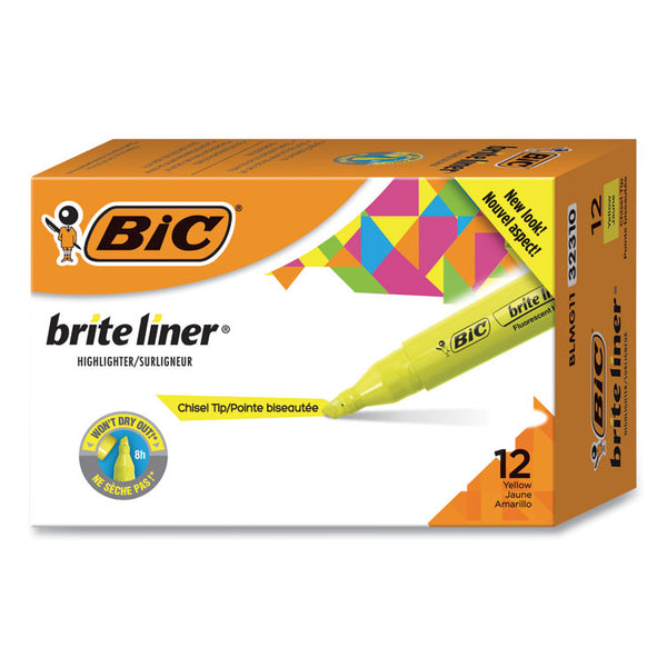 BIC® Brite Liner Tank-Style Highlighter, Fluorescent Yellow Ink, Chisel Tip, Yellow/Black Barrel, Dozen (BICBLMG11YW)