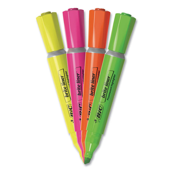 BIC® Brite Liner Tank-Style Highlighter, Assorted Ink Colors, Chisel Tip, Assorted Barrel Colors, 4/Set (BICBLMGP41ASST)