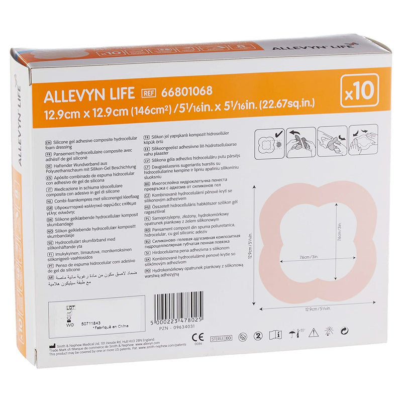 Allevyn Life Foam Dressing 5--1/16 X 5-1/16 Inch With Border Film Backing Silicone Gel Adhesive Quadrilobe Sterile (834485_CS) 50/CS