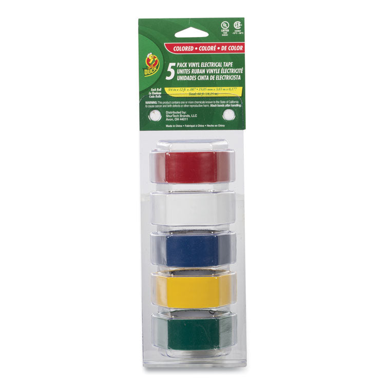 Duck® Electrical Tape, 1" Core, 0.75" x 12 ft, Assorted Colors, 5/Pack (DUC280303) 5 Rolls