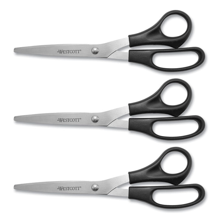 Westcott® All Purpose Stainless Steel Scissors, 8" Long, 3.5" Cut Length, Black Straight Handle (ACM16907) Pack of 3