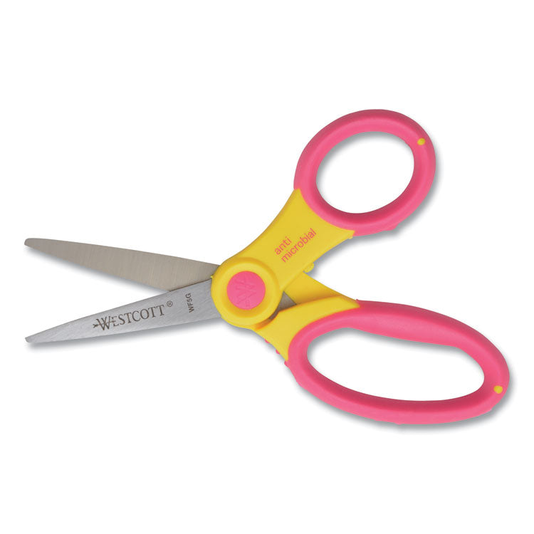 Westcott® Ultra Soft Handle Scissors w/Antimicrobial Protection, Pointed Tip, 5" Long, 2" Cut Length, Randomly Assorted Straight Handle (ACM14597)