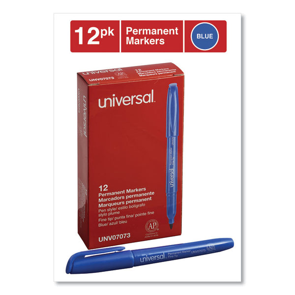 Universal™ Pen-Style Permanent Marker, Fine Bullet Tip, Blue, Dozen (UNV07073)