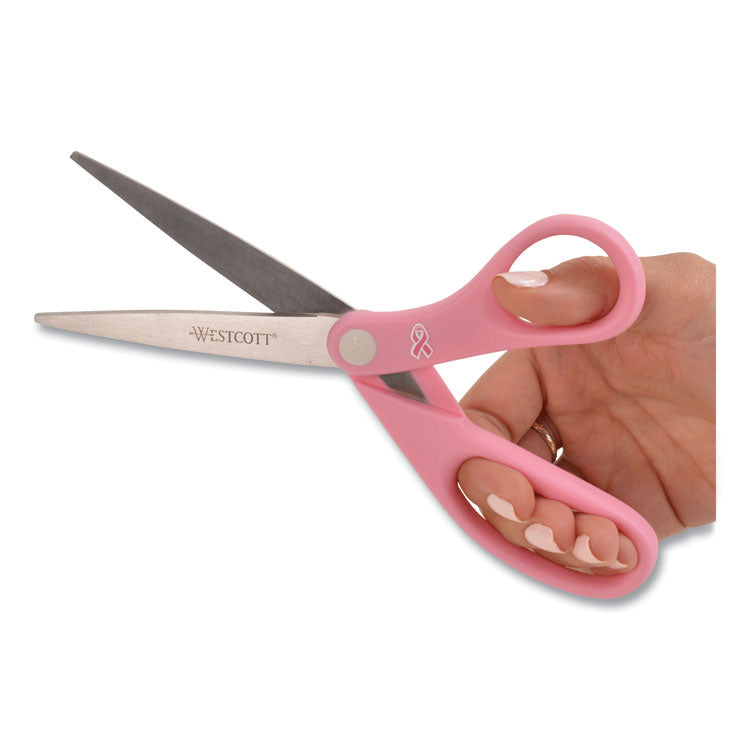 Westcott® All Purpose Pink Ribbon Scissors, 8" Long, 3.5" Cut Length, Pink Straight Handle (ACM15387) Each