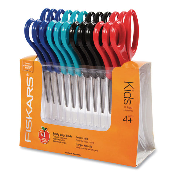 Fiskars® Kids/Student Scissors, Pointed Tip, 5" Long, 1.75" Cut Length, Assorted Straight Handles, 12/Pack (FSK1943001070)