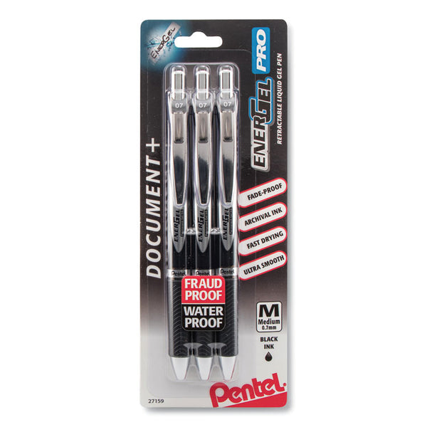 Pentel® EnerGel PRO Hybrid Gel Pen, Retractable, Medium 0.7 mm, Black Ink, Black Barrel, 3/Pack (PENBLP77BP3A)