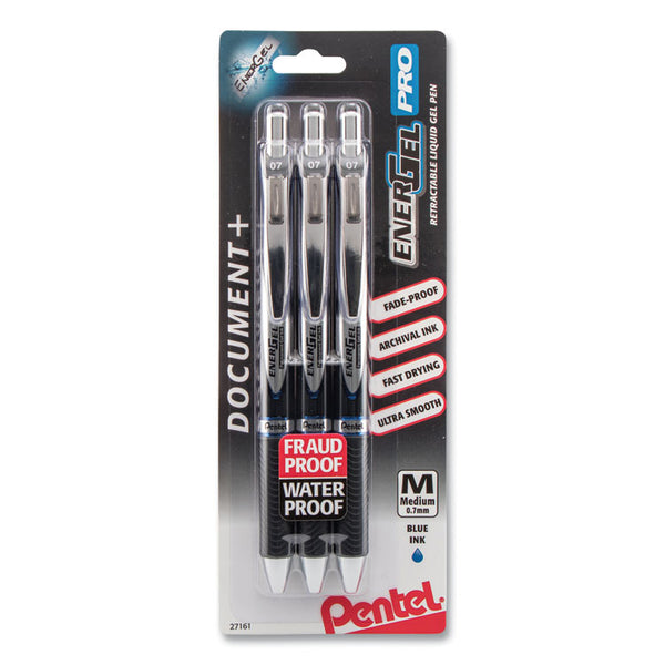 Pentel® EnerGel PRO Hybrid Gel Pen, Retractable, Medium 0.7 mm, Blue Ink, Black Barrel, 3/Pack (PENBLP77BP3C)